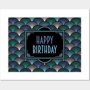 Happy Birthday - Art Deco Fans Blue Teal Posters and Art